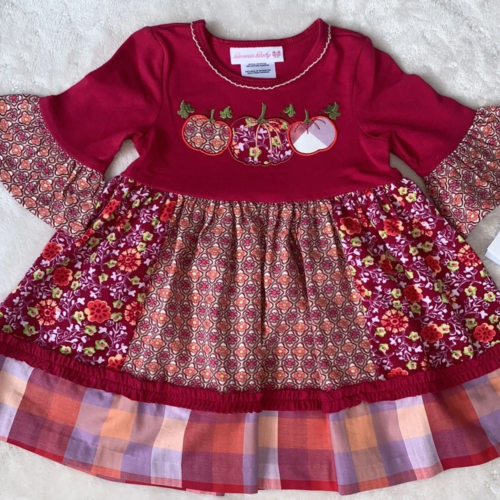 NWT Bonnie Baby Pink Pumpkin Appliqué Dress 12M Three Quarter Sleeve - Picture 12 of 13